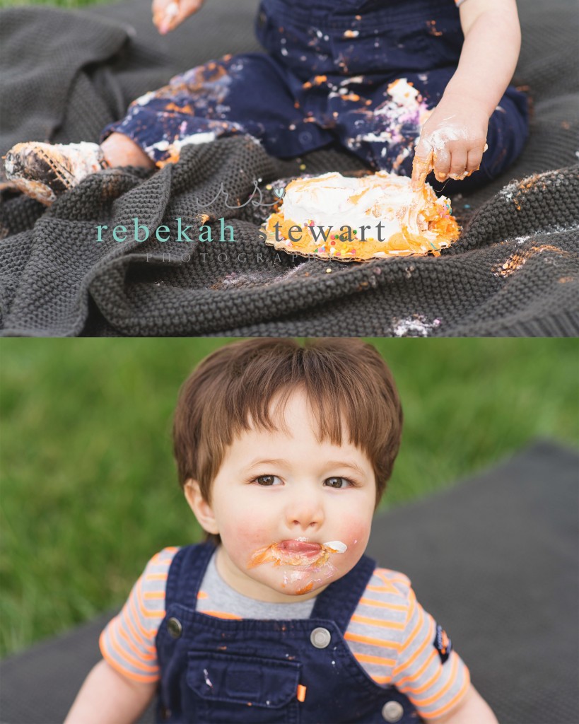 A one year old baby has a cake smash and plays in Cedar Rapids