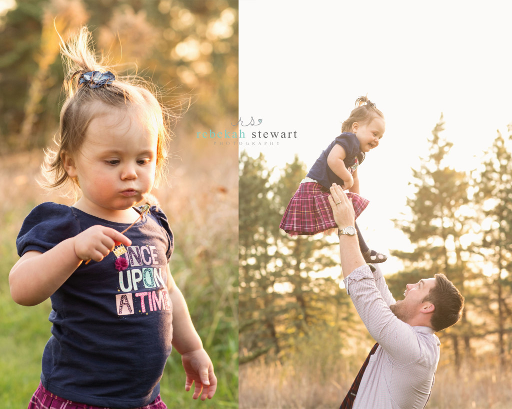 A toddler blows a dandelion puff and is tossed in the air by her father