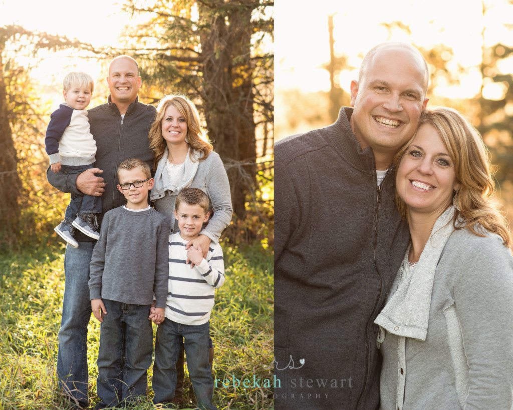 A family of five stands in front of fall trees | A couple hugs