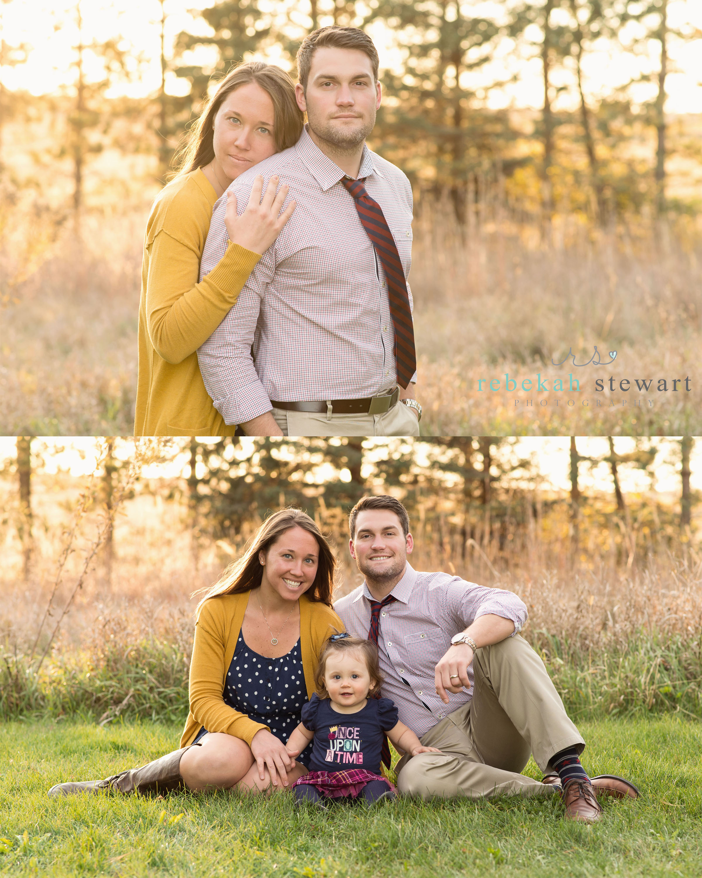 A family of three smiles in gorgeous fall light