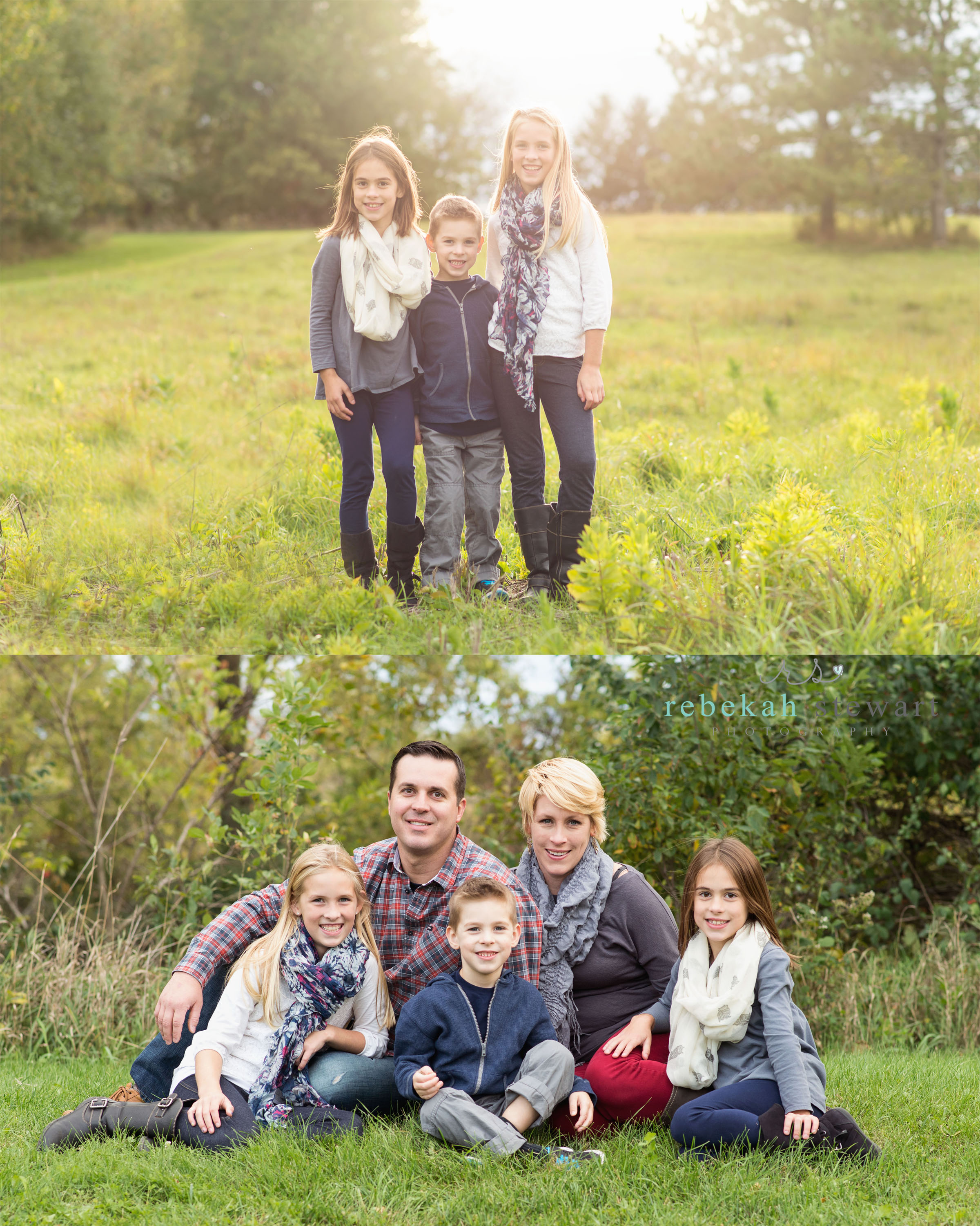 A happy family of five snuggles in a field