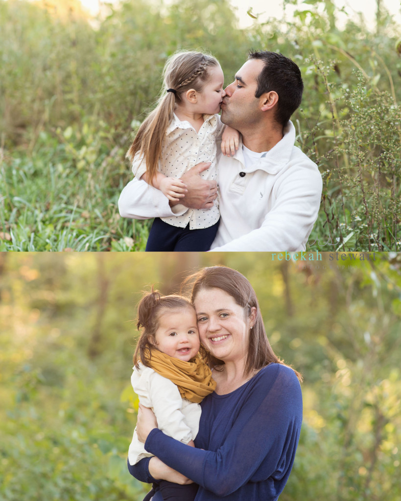 Parents snuggles with their daughters in the fall