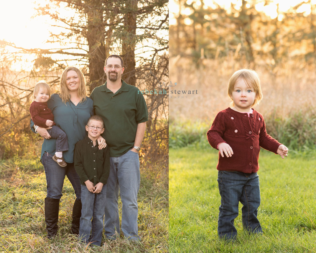 A family stands together in front of trees and smiles | child