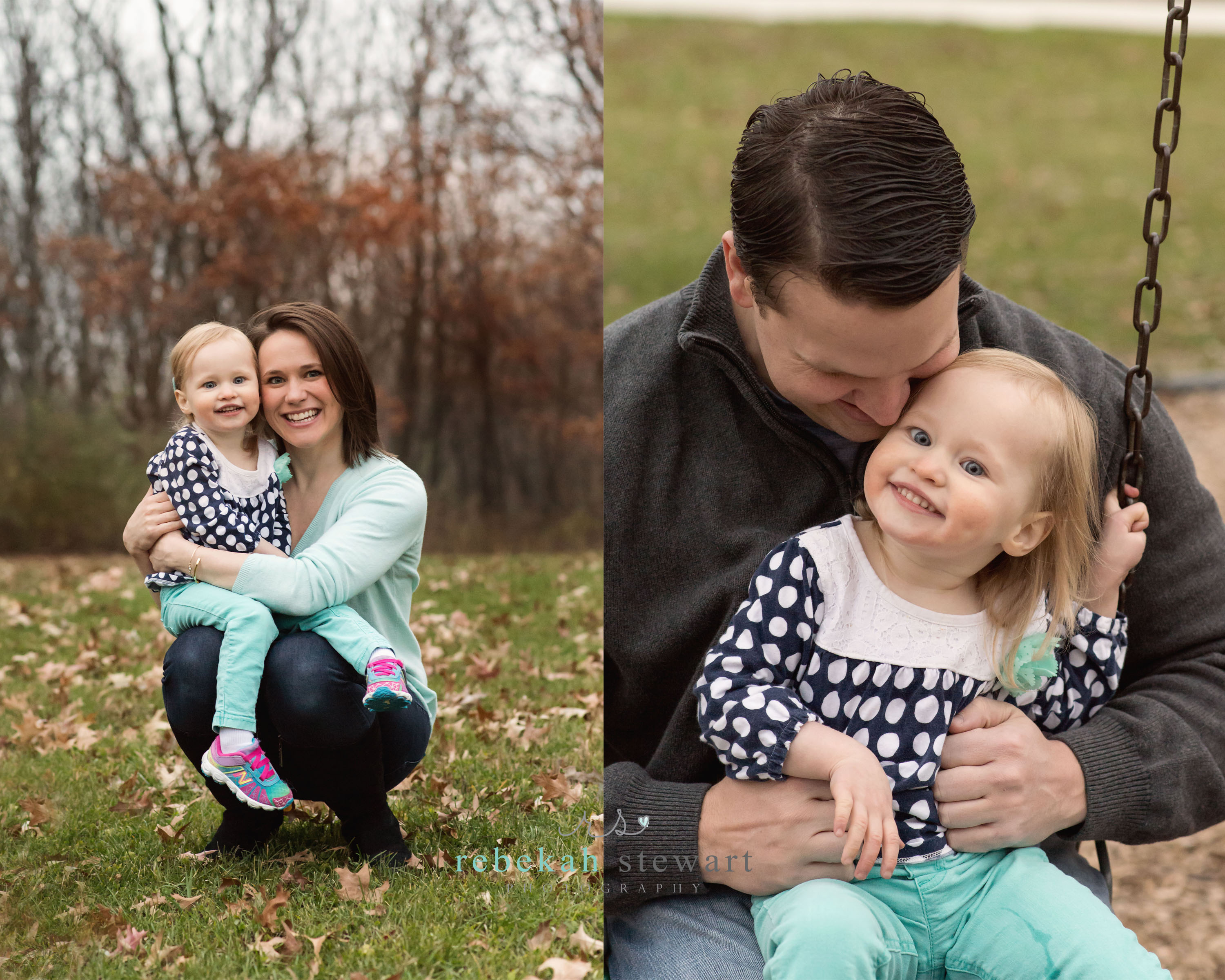 A family with mom and dad and child play in the leaves in Cedar Rapids
