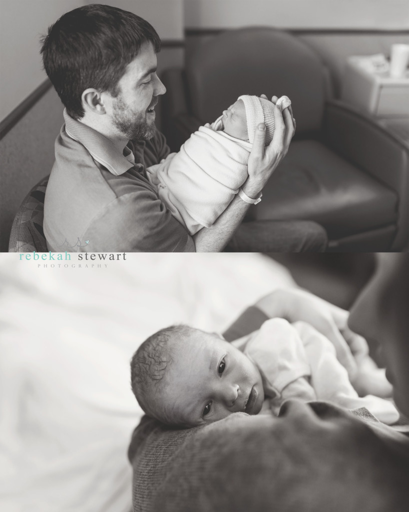 New mom and dad snuggle their newborn during a Fresh 48 session in Iowa City Mercy Hospital