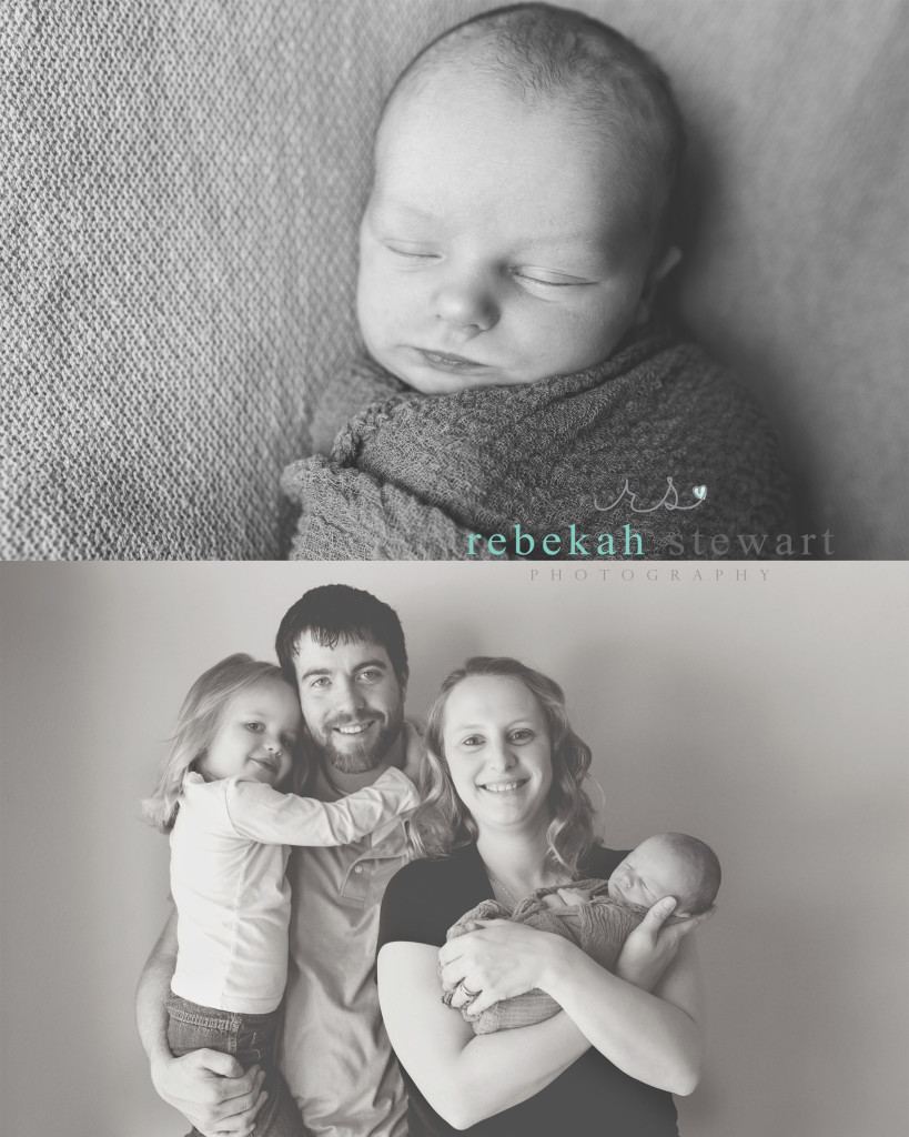 A family of four smiles and holds their newborn baby boy in Iowa City