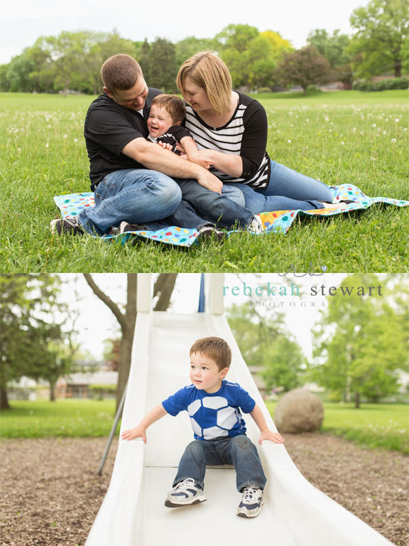 A family of three plays with their cute toddler boy in Cedar Rapids