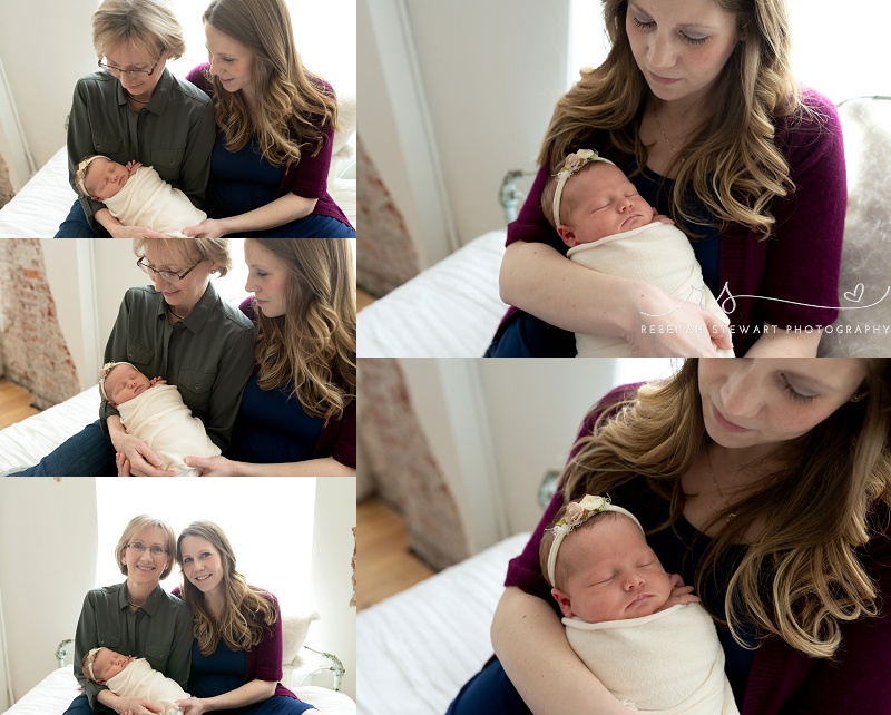 A mom and a grandma hold their newborn baby girl during their photography session in Cedar Rapids