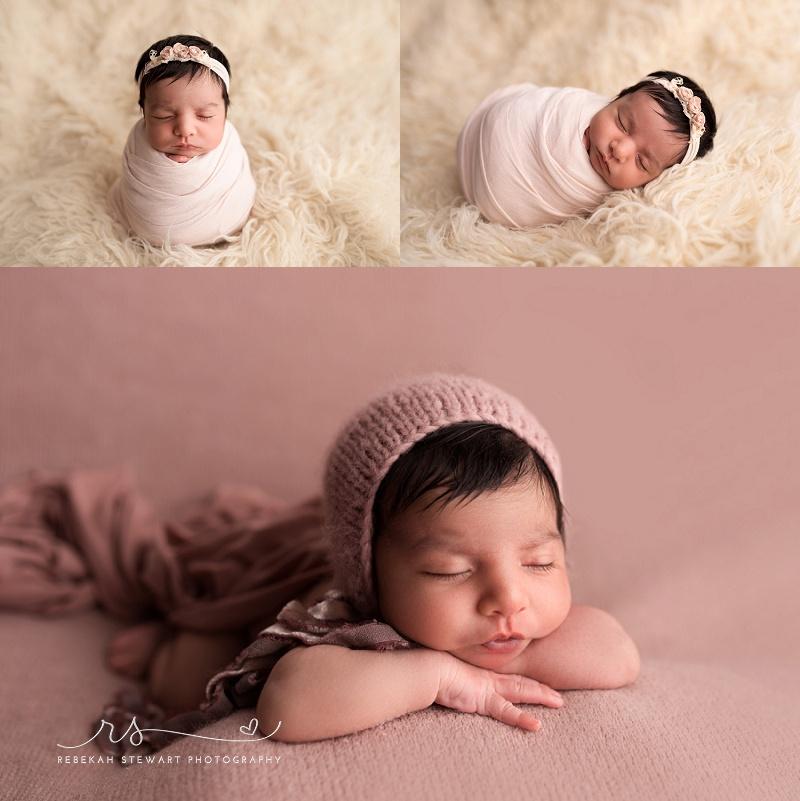 A beautiful brand new girl sleeps during her newborn photo session with Rebekah Stewart Photography in Cedar Rapids