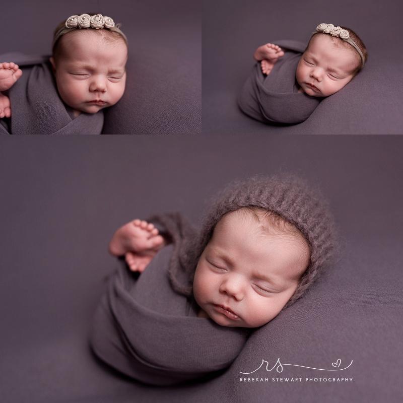 During her newborn photos, a baby girl is wrapped in purple and sleeps