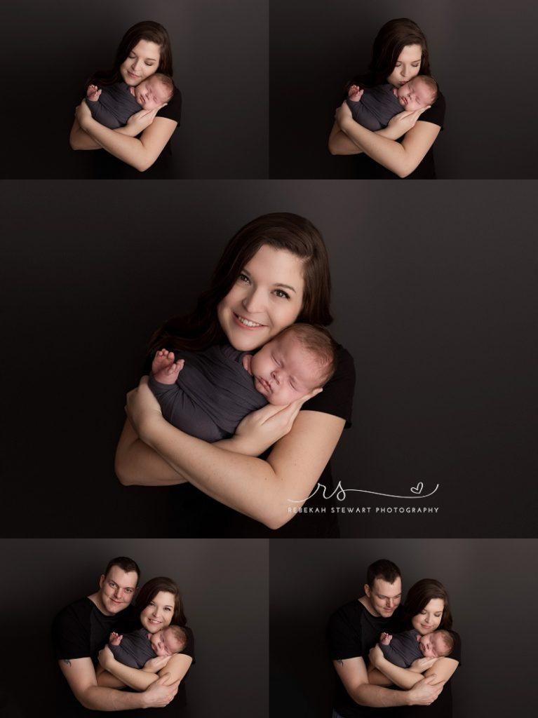 A baby with sweet newborn cheeks sleeps in his mother's arms during his photography session in Cedar Rapids