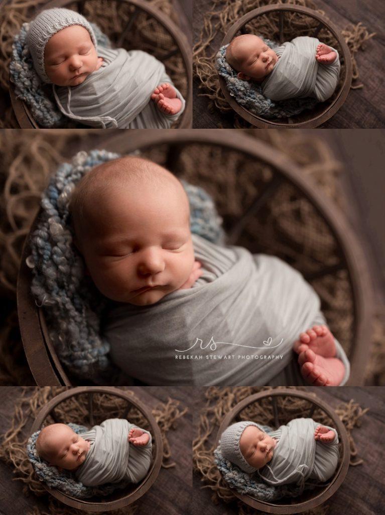 Cutest baby boy is snuggled in a bowl prop during his photo session with Cedar Rapids newborn photographer Rebekah Stewart