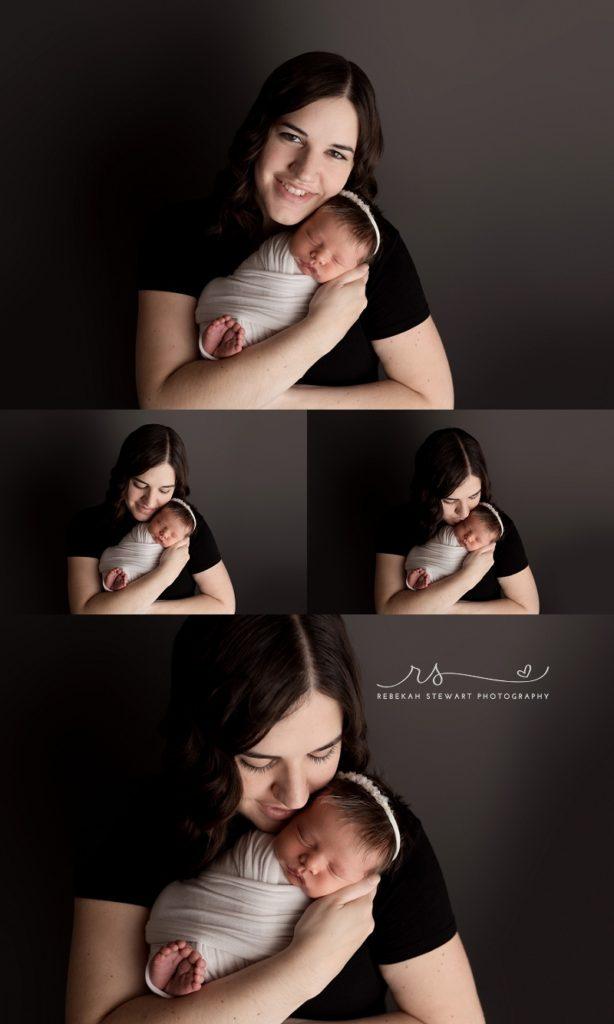 A mom snuggles her newborn during her photo session in cedar rapids - so much hair photography