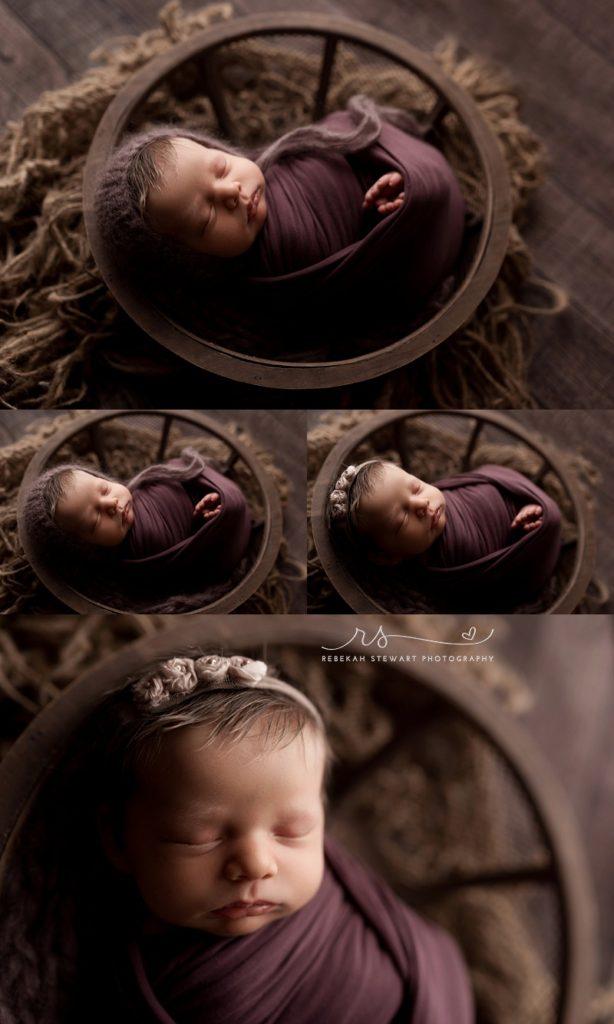 A newborn baby girl is wrapped in purple and sleeps in a bowl prop during her photography session in Cedar Rapids