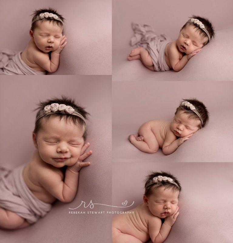 A newborn baby girl sleeps on a purple blanket during her session with a cedar rapids baby photographer