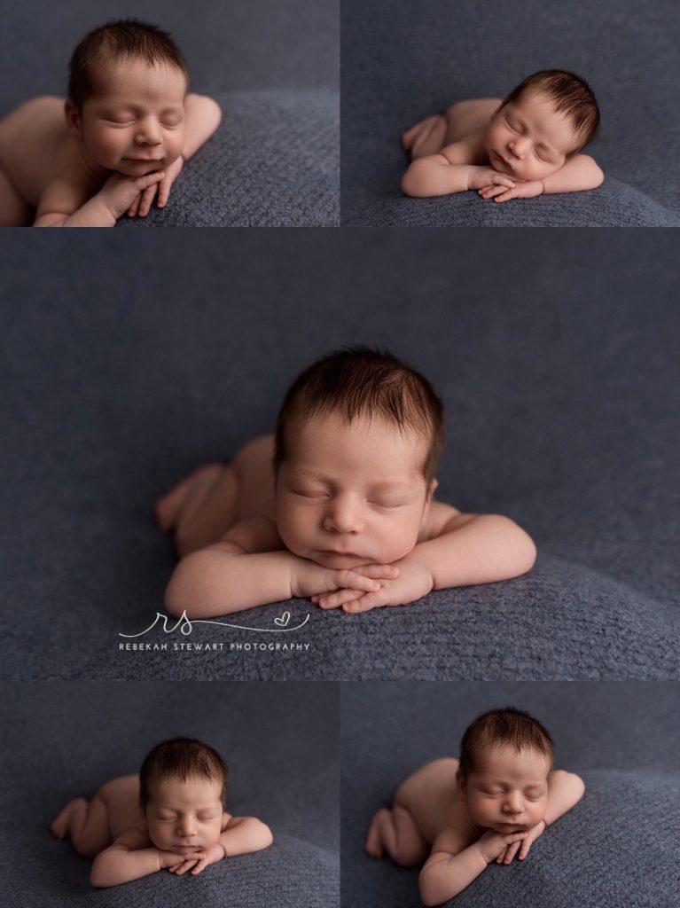 an adorable dark haired newborn boy sleeps during his photo session in Cedar Rapids