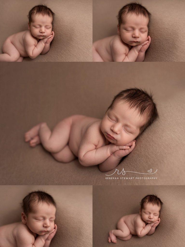 super cute baby boy sleeps during his newborn photography cedar rapids session