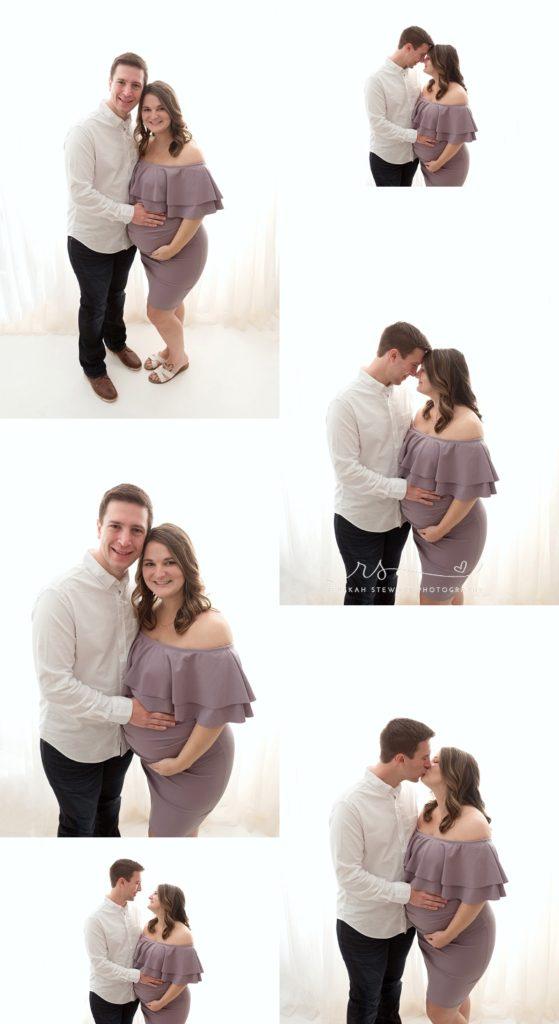 A mom and dad smile during their sweet studio maternity session in Cedar Rapids, rebekah stewart photography, cedar rapids photographer