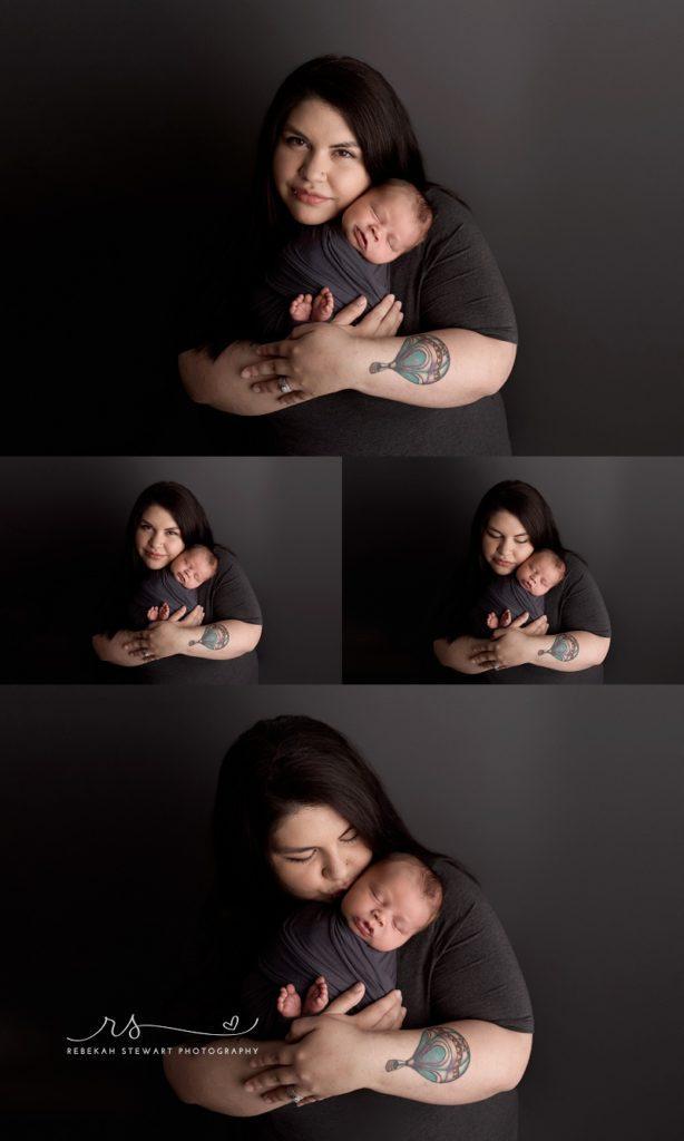 handsome newborn boy - cedar rapids baby photos - a mom with tattoos snuggles her newborn son during her session with a cedar rapids photographer