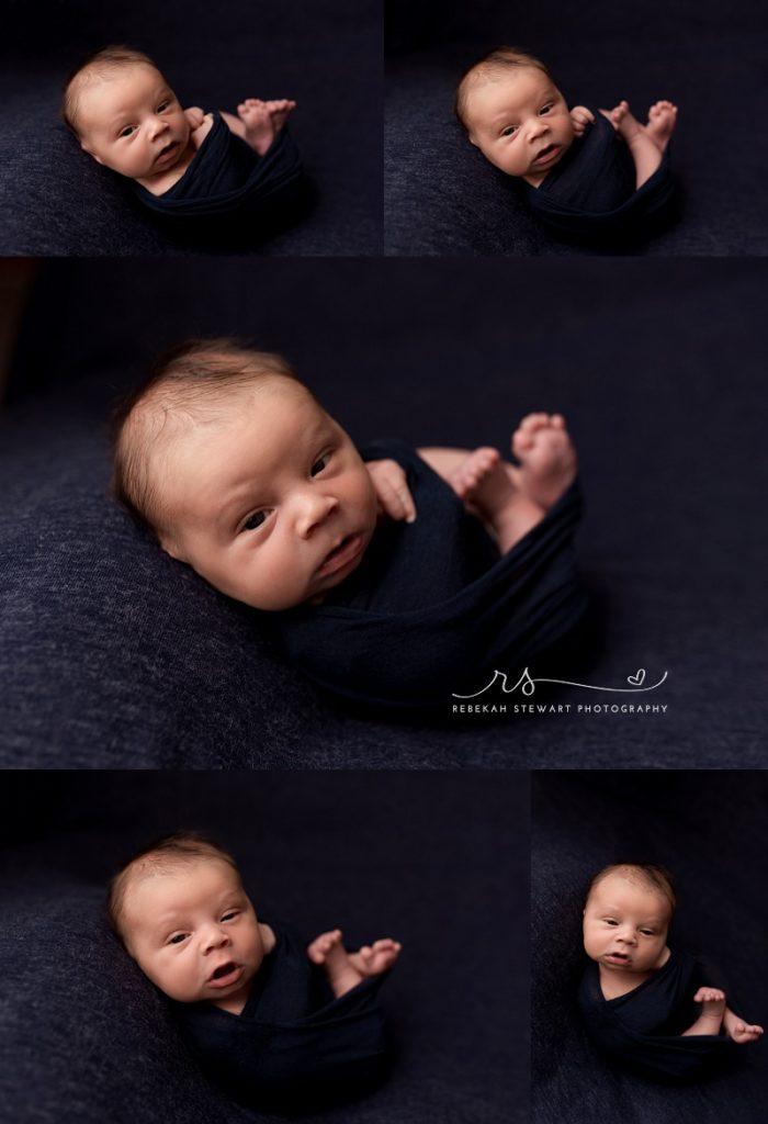 handsome newborn boy - cedar rapids baby photos - a baby boy is wrapped in blue and is awake during his newborn photography session