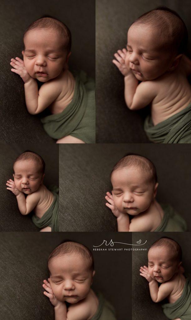 Newborn baby boy on green blanket smiling { Cedar Rapids newborn photographer }